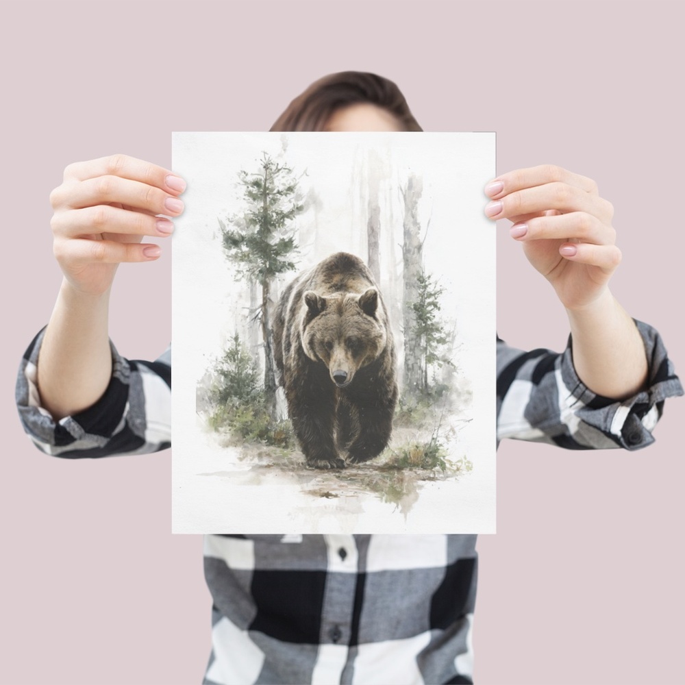 Watercolor Brown Bear Forest Wall Art Print, Unframed Misty Grizzly Illustration - Picture 4 of 5